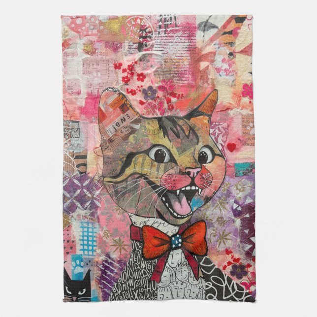 Katze Gemischtes Gemischtes Papier Collage Küchenh Geschirrtuch (Vertikal)