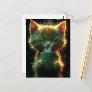 Katze genießt etwas Kaffee Postkarte