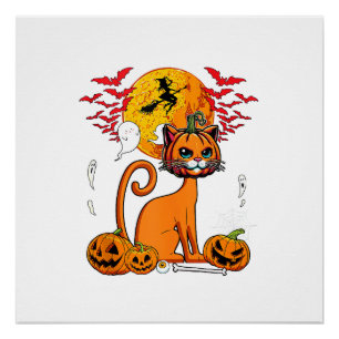 Katze Geschnitzter Kürbis Horror Kopf Halloween Be Poster