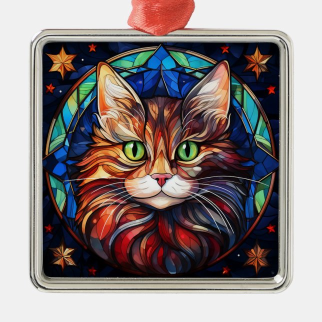 KATZE-GESICHT MIT HELLFARBENEN GLAS-CHRISTMAS ORNAMENT AUS METALL (Vorne)
