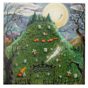 KATZE-GHOSTEN IN NEUN LEBENS FRIEDHOF, SPOOKY FOLK FLIESE