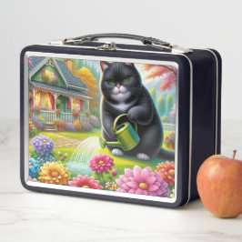Katze gibt Wasser für Blume Pflanze Metall Brotdose