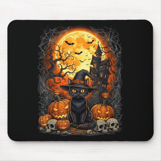 Katze Halloween Kürbis Schwarz Mousepad (Vorne)