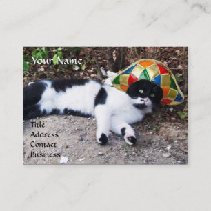 KATZE, HARLEQUIN HAT UND VINTAGE DAMPFLOKOMOTIVE VISITENKARTE