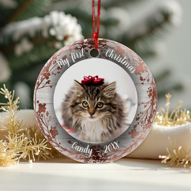Katze Haustier Erste Weihnachtsfeier Foto Kränze R Keramik Ornament (Von Creator hochgeladen)