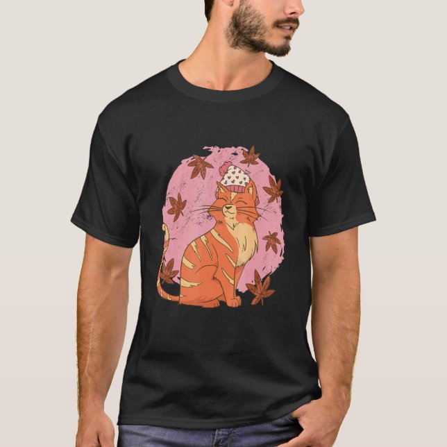 Katze Herbstblätter T-Shirt (Vorderseite)