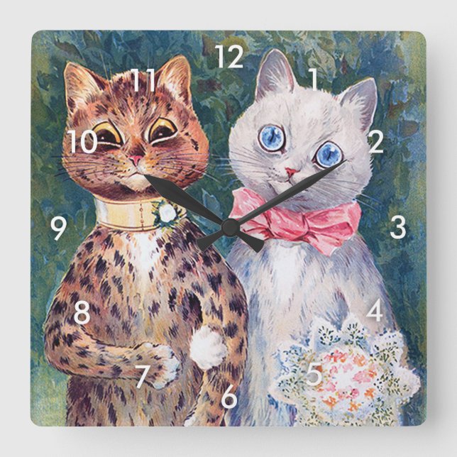 Katze Hochzeit, Ehe, Braut, Louis Wain Quadratische Wanduhr (Vorderseite)