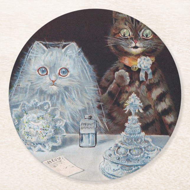 Katze Hochzeit, Ehe, Braut, Louis Wain Runder Pappuntersetzer (Vorderseite)