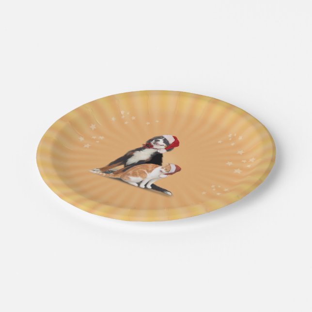 Katze & Hund mit Weihnachtsmannmützen Pappteller (Schrägansicht)