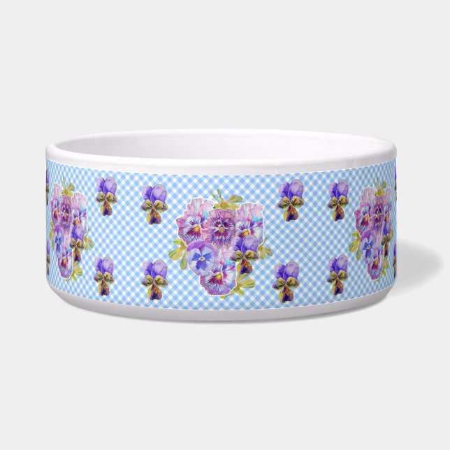 Katze Hund Shabby Floral Blue Gingham Niedlich Nam Napf (Vorderseite)