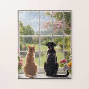 Katze Hunde Blume Gartenpuzzle Puzzle
