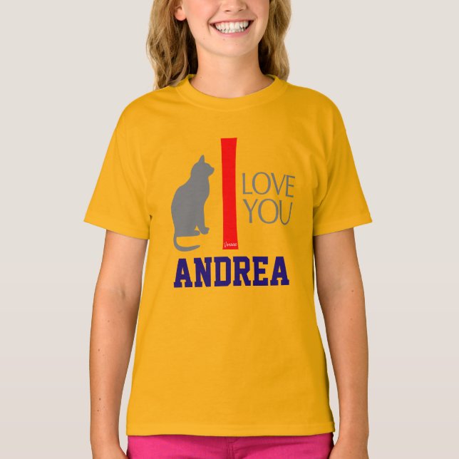 Katze + I Liebe Sie "IHRE NAMENS" Gewohnheit durch T-Shirt (Vorderseite)