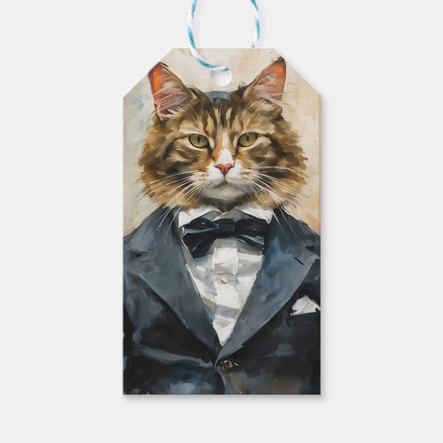 Katze im Anzug Geschenkanhänger (Vorderseite)