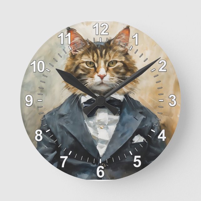 Katze im Anzug Runde Wanduhr (Vorderseite)