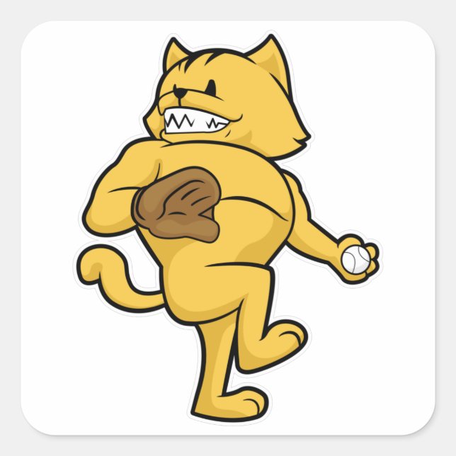 Katze im Baseball mit Handschuh Quadratischer Aufkleber (Vorderseite)