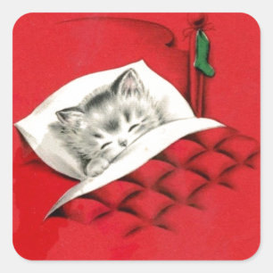 Katze im Bett an Weihnachten Quadratischer Aufkleber
