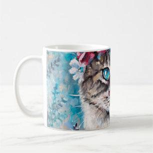 Katze im Blumenkranz Ölmalerei auf Leinwand. Winte Kaffeetasse