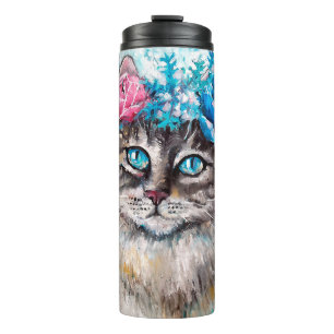Katze im Blumenkranz Ölmalerei auf Leinwand. Winte Thermosbecher