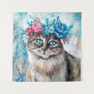Katze im Blumenkranz Ölmalerei auf Leinwand. Winte Wandteppich
