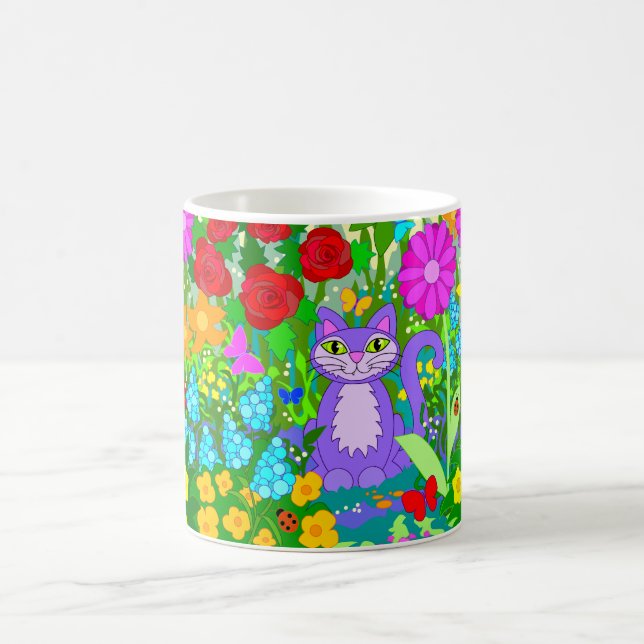 Katze im Garten Bunte Schmetterlinge Fantasy-Blume Kaffeetasse (Mittel)