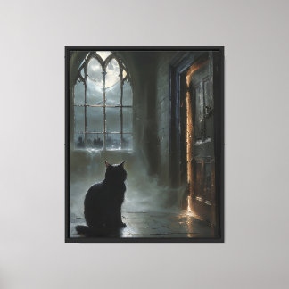 Katze im gotischen Fenster Leinwanddruck