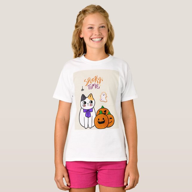 Katze im Halloween-Stil mit Pumpkins und Geistern T-Shirt (Vorne ganz)
