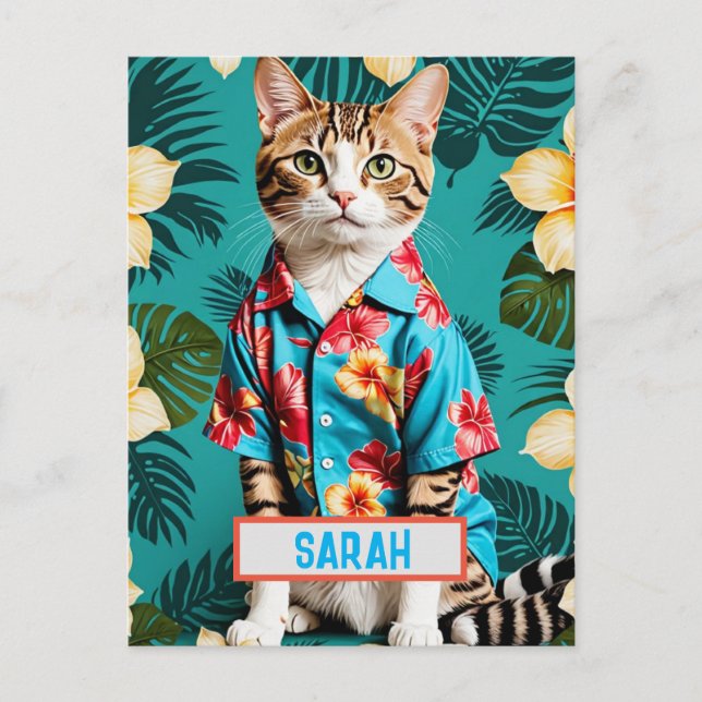 Katze im hawaiianischen Shirt Postcard - Funny Cat Postkarte (Vorderseite)