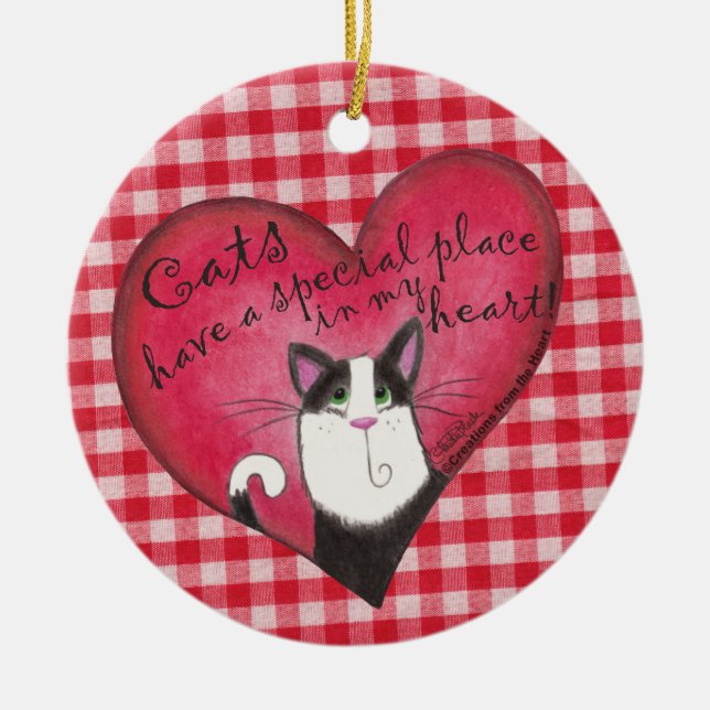 Katze im Herzen von Red & White Gingham Keramik Ornament (Vorne)