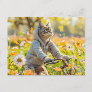Katze im Hoodie, die über eine Sommerwiese radelt Feiertagspostkarte