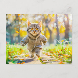 Katze im Hoodie joggt durch grünen Park Feiertagspostkarte