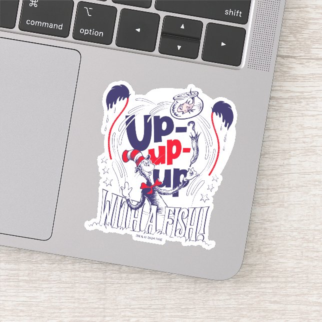 Katze im Hut | Aufblähen mit einem Fisch Aufkleber (Detail)