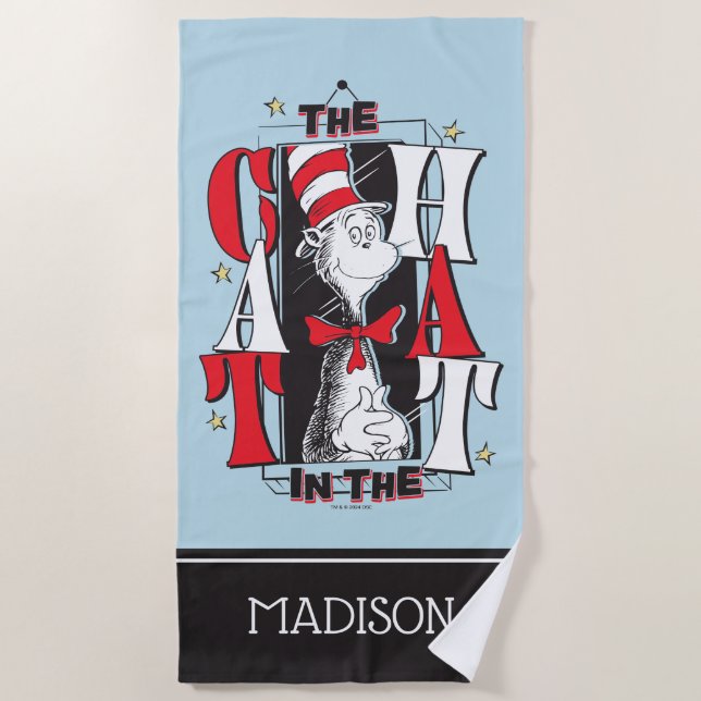 Katze im Hut | B&W Text Strandtuch (Vorderseite)