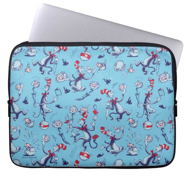 Katze im Hut | Blaues Muster Laptopschutzhülle (Vorderseite)