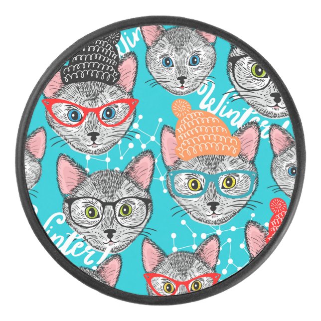 Katze im Hut Eishockey Puck (Vorderseite)