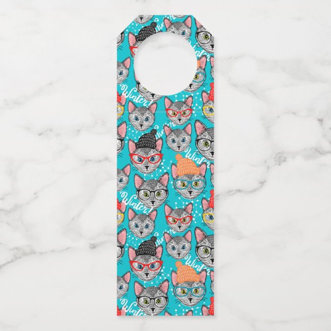 Katze im Hut Flaschenanhänger (Vorderseite)