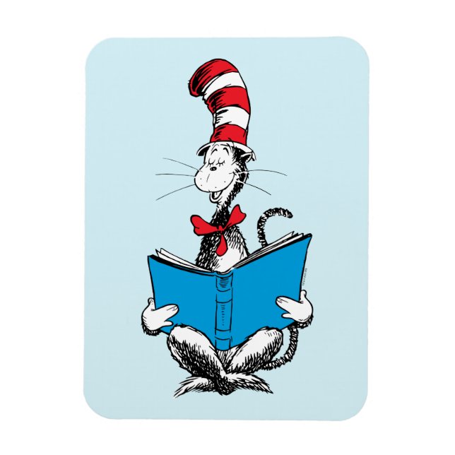 Katze im Hut liest Magnet (Vertikal)