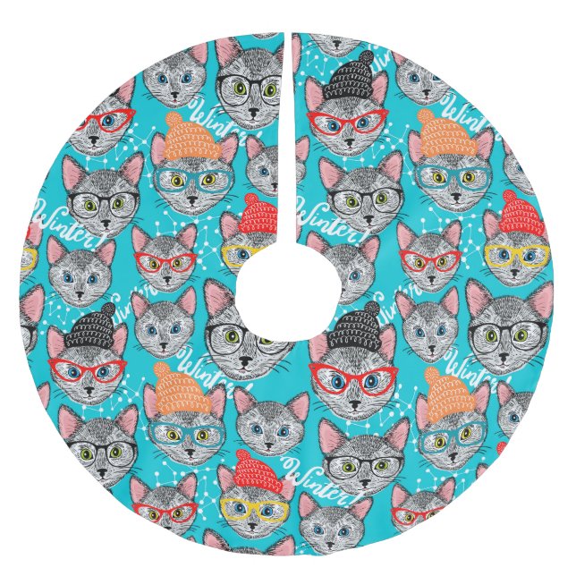 Katze im Hut Polyester Weihnachtsbaumdecke (Vorderseite)