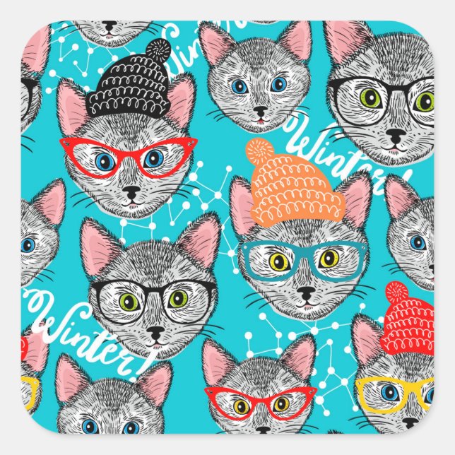 Katze im Hut Quadratischer Aufkleber (Vorderseite)