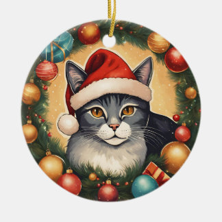 Katze im Kranz-Ornament Keramik Ornament