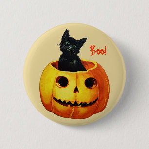 Katze im Kürbis Vintage-Halloween-Knopf Button