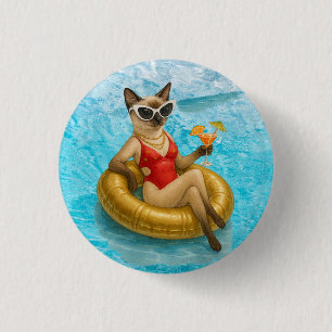 Katze im Pool-Geburtstagsfeier für Siamese-Katzenl Button