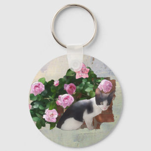 Katze im Rosenbusch Schlüsselanhänger