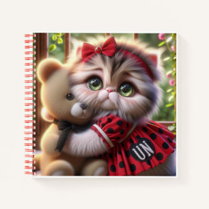 Katze im roten Kleid mit Teddybär   Notizbuch