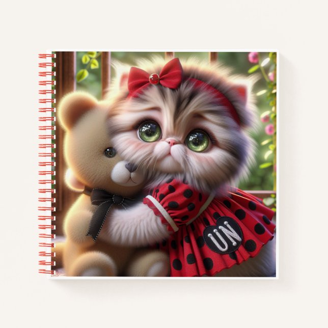 Katze im roten Kleid mit Teddybär   Notizbuch (Vorderseite)