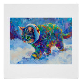 Katze im Schnee mit Ohrenschützern Poster