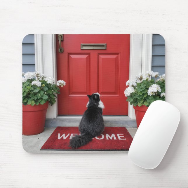 Katze im Smoking auf einer roten Willkommensfußmat Mousepad (Mit Mouse)