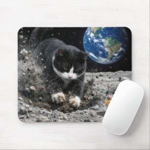 Katze im Smoking gräbt einen Mondkrater mit einer Mousepad