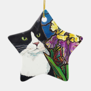 Katze im Smoking Iris-Blume Schmetterling Buntglas Keramikornament