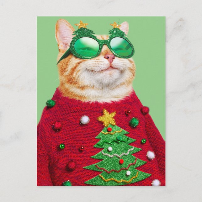 Katze im Ugly Christmas Sweater Einladungspostkarte (Vorderseite)