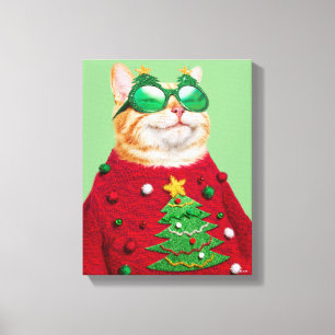 Katze im Ugly Christmas Sweater Leinwanddruck